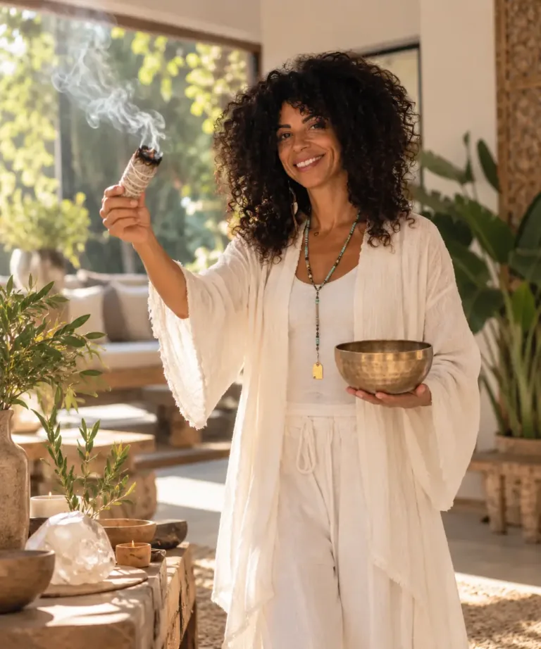 Galeet Gia Zeituny holding burning sage and a singing bowl during a home purification